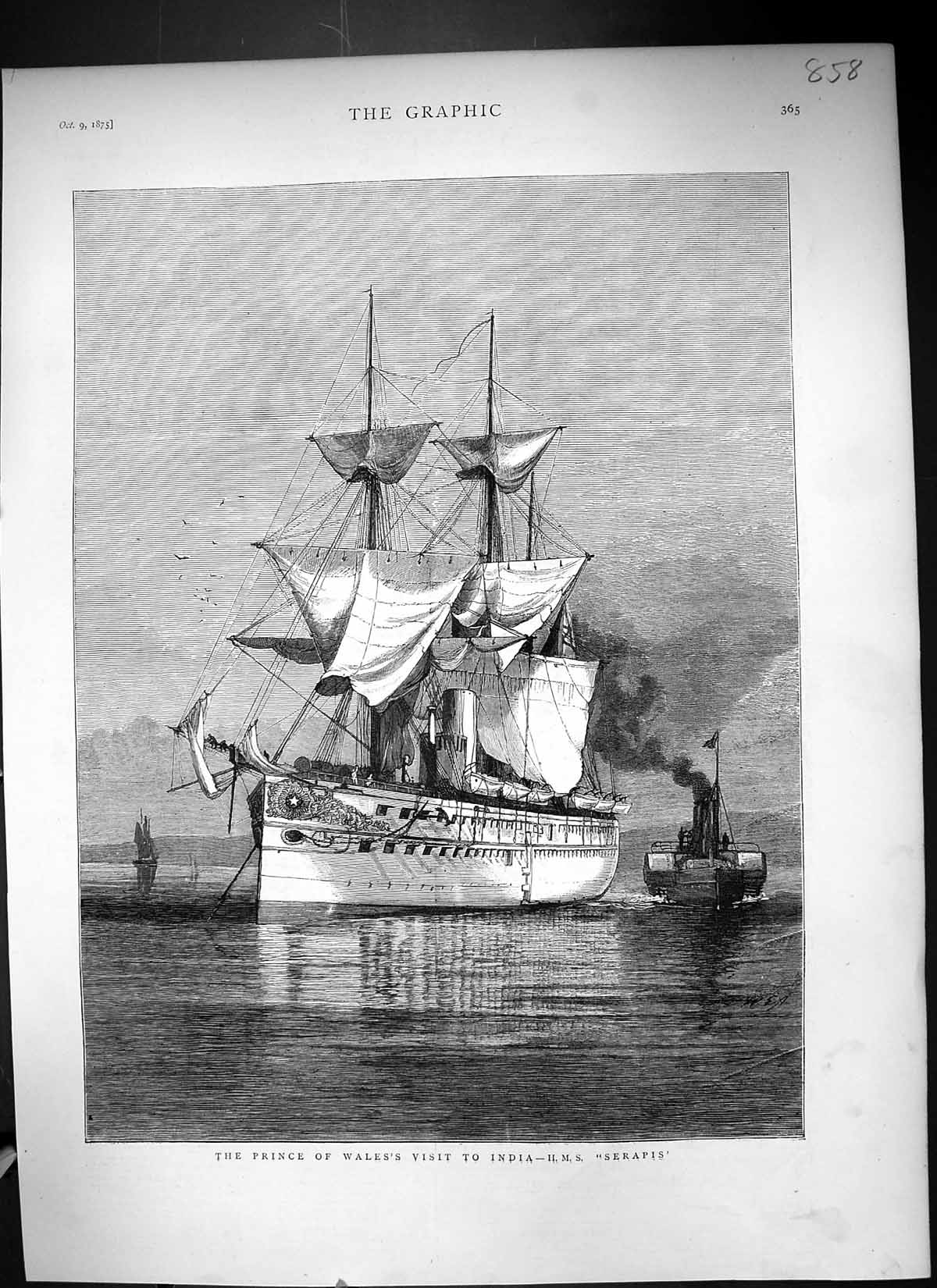 Antique Old Print 1875 Prince Wales India H.M.S. Serapis Ship Boat Fine Art