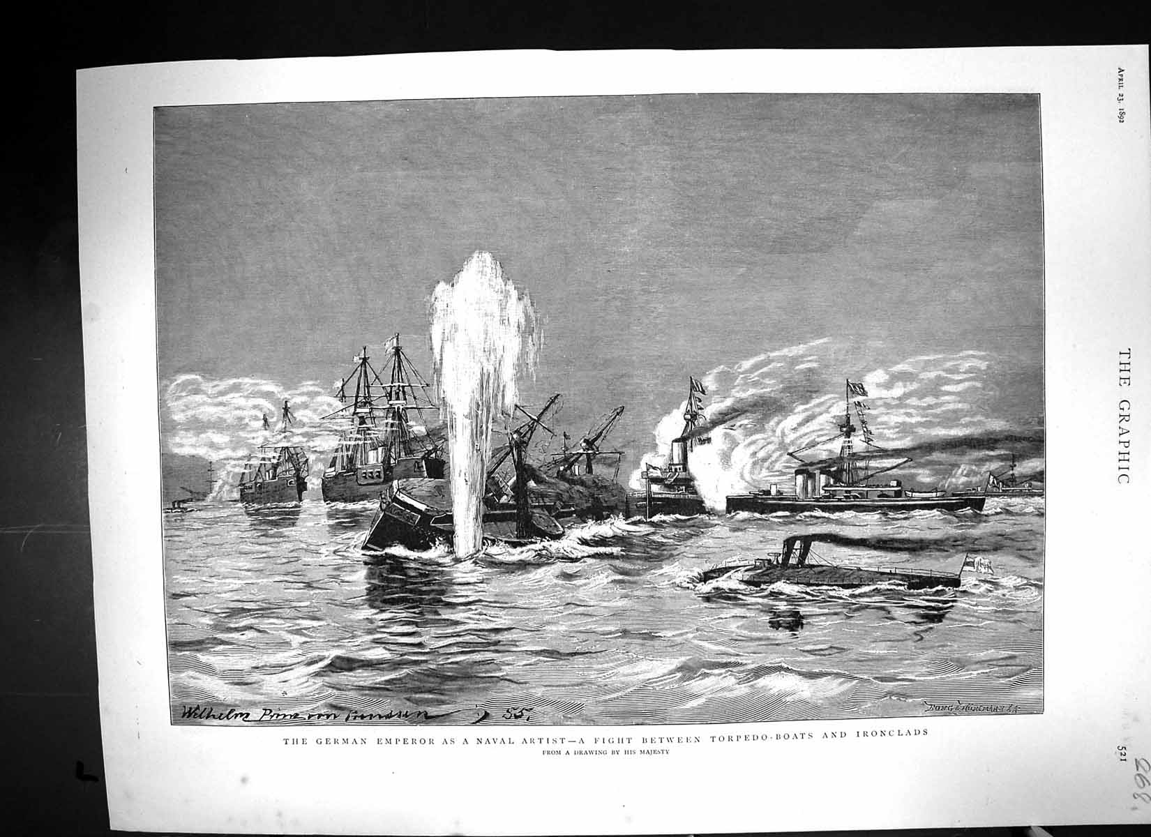 Antique Old Print 1892 German Emperor Navy Art Ships Torpedo Boats Ironclads