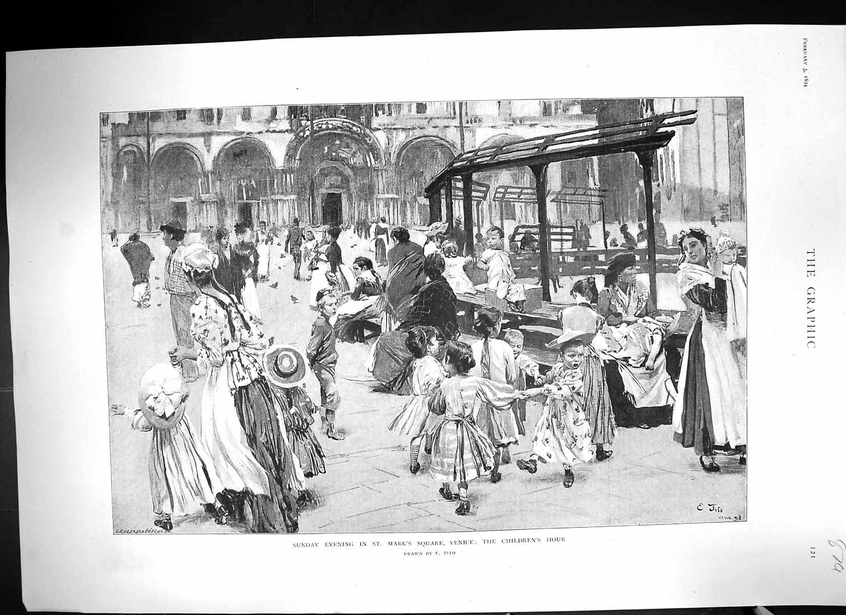 Old 1894 Sunday Evening St. Mark'S Square Venice Children'S Hour Ital Victorian