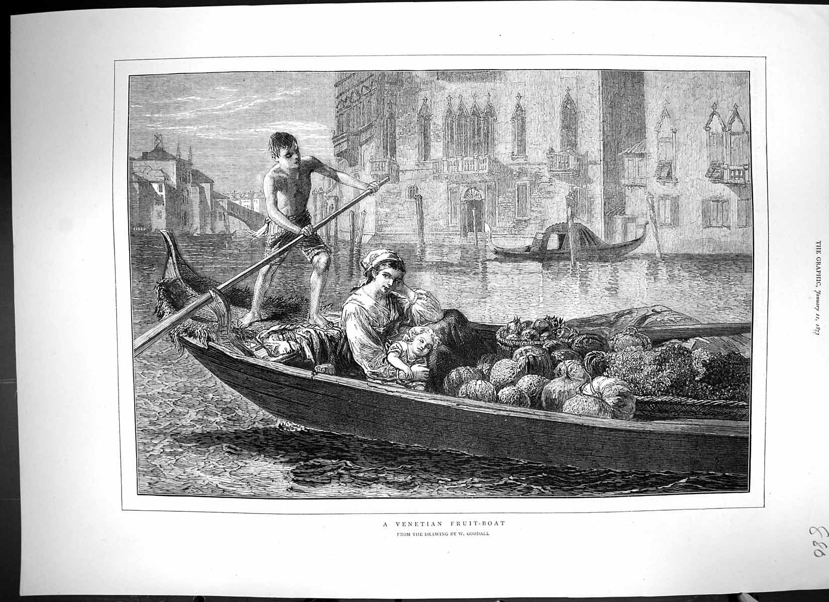 Antique Print 1873 Venetian Fruit Boat Italy Gondola Woman Little Girl Man 19th