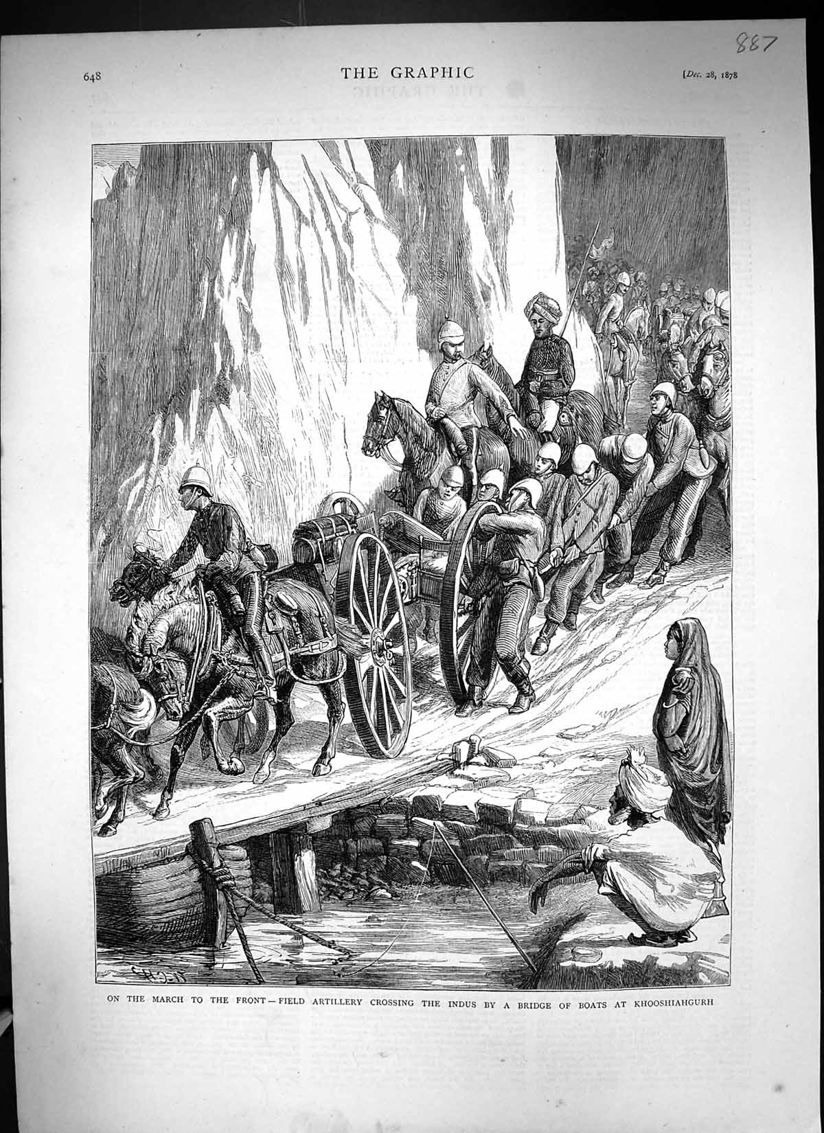 Old 1878 Field Artillery Crossing River Indus Bridge Boats Khooshiahg Victorian