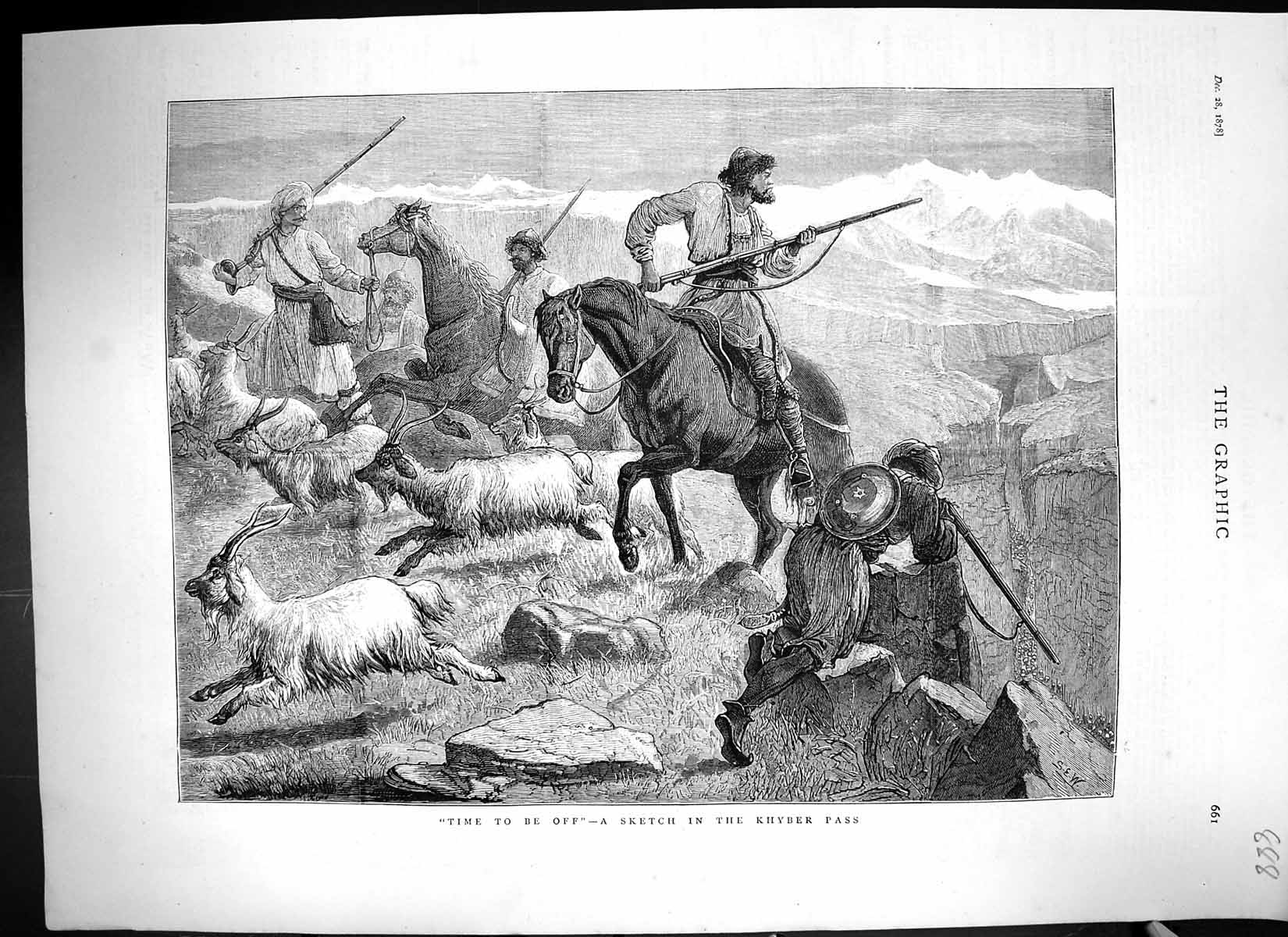 Antique Old Print 1878 Scene Khyber Pass Mountains Goat Horses Men Weapons 19th