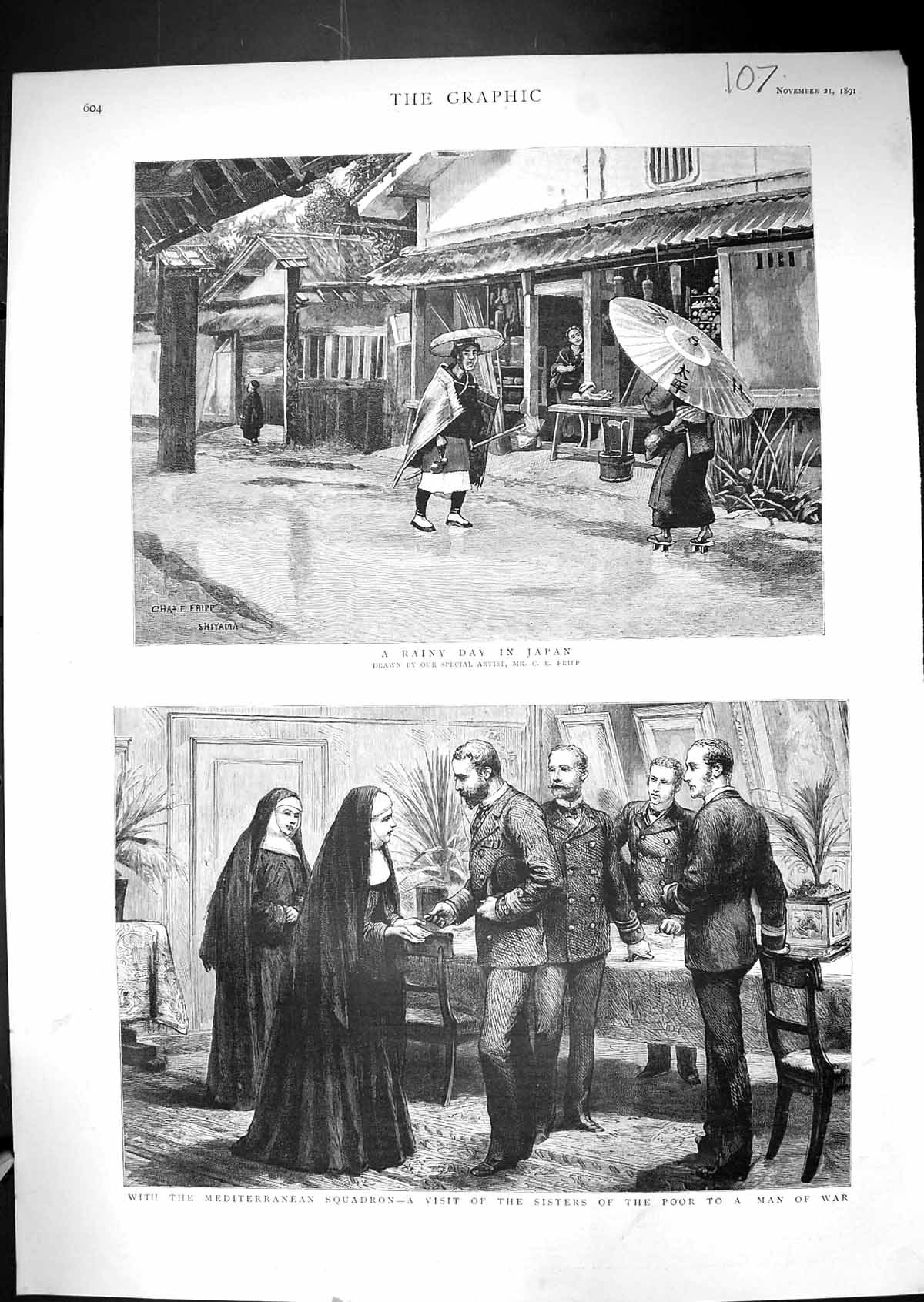 Old Print 1891 Rainy Day Scene Japan Sisters Nuns War Siers Mediterranea 19th