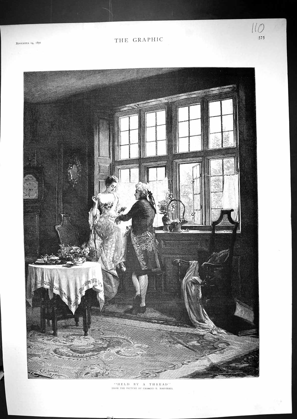 Old 1891 Man Lady House Window Romance Sewing Held Thread Charles Mar Victorian