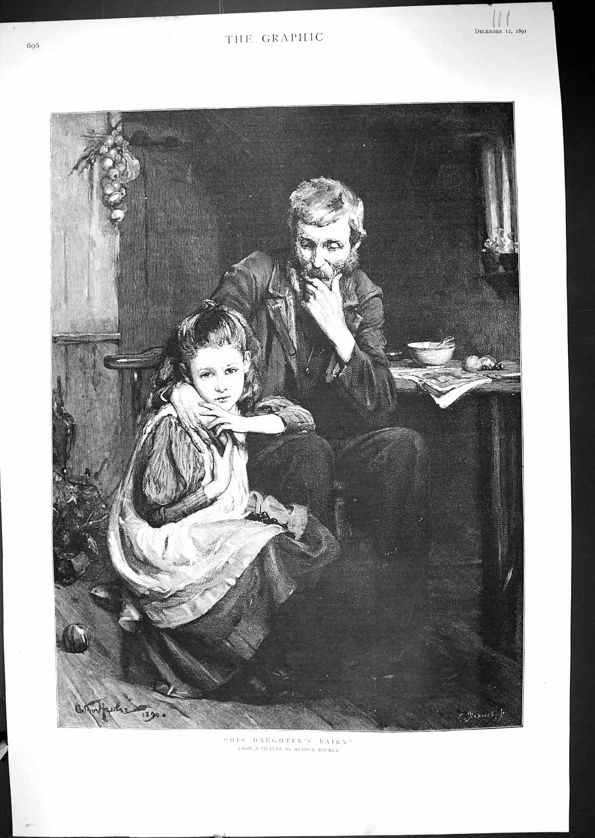 Antique Old Print 1891 Daughter'S Bairn Man Young Girl Arthur Hacker Fine Art