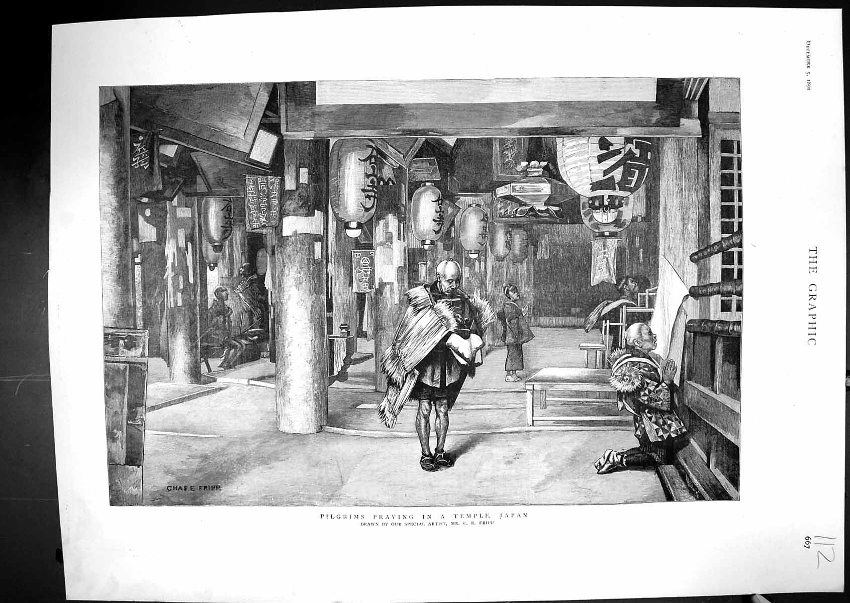 Old Print 1891 Pilgrims Praying Temple Japan Religion Chas Fripp Fine Art 19th