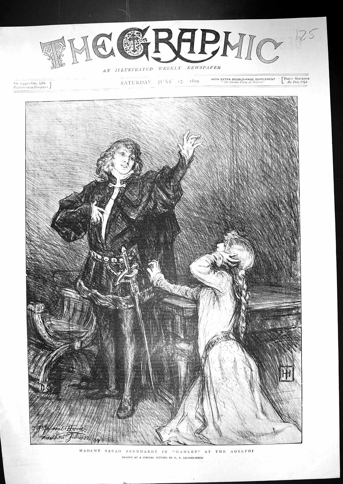 Old 1899 Madame Sarah Bernhardt Hamlet Adelphi Theatre Scene Jacomb-H Victorian