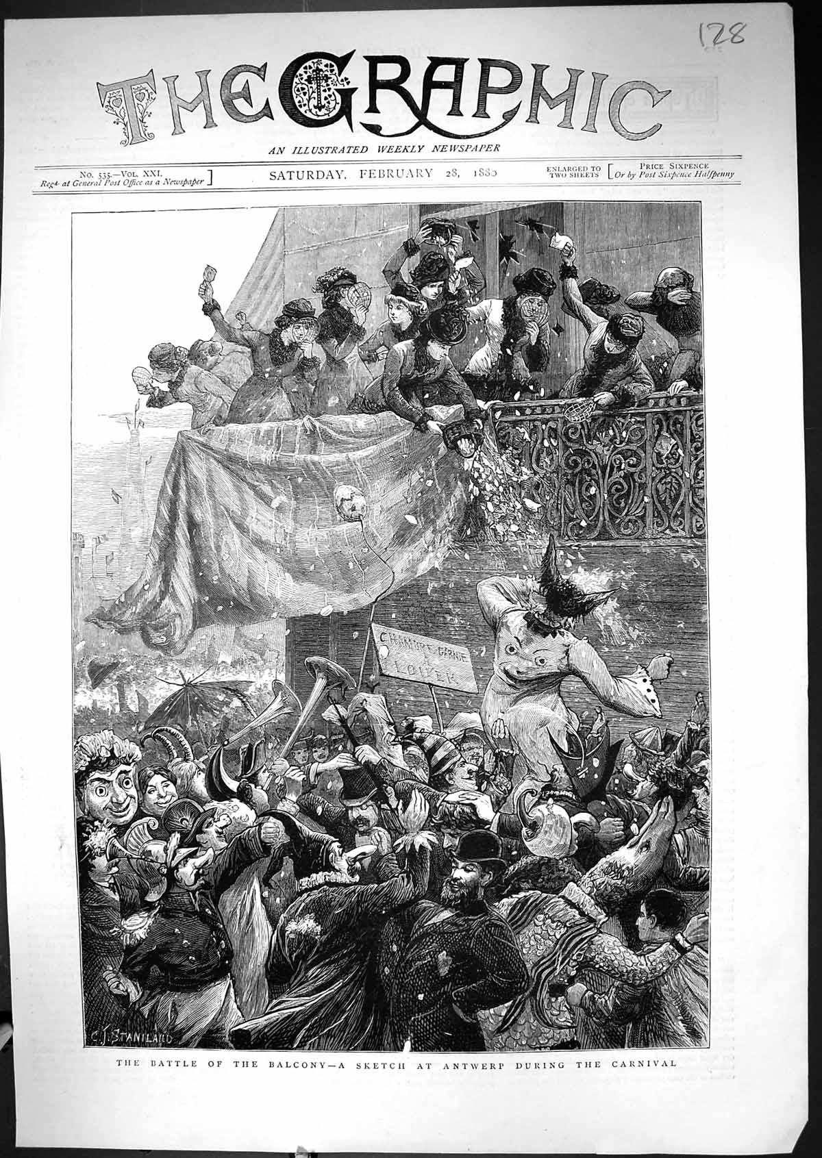 Old Print 1880 Battle Balcony Scene Antwerp Carnival Procession Staniland 19th