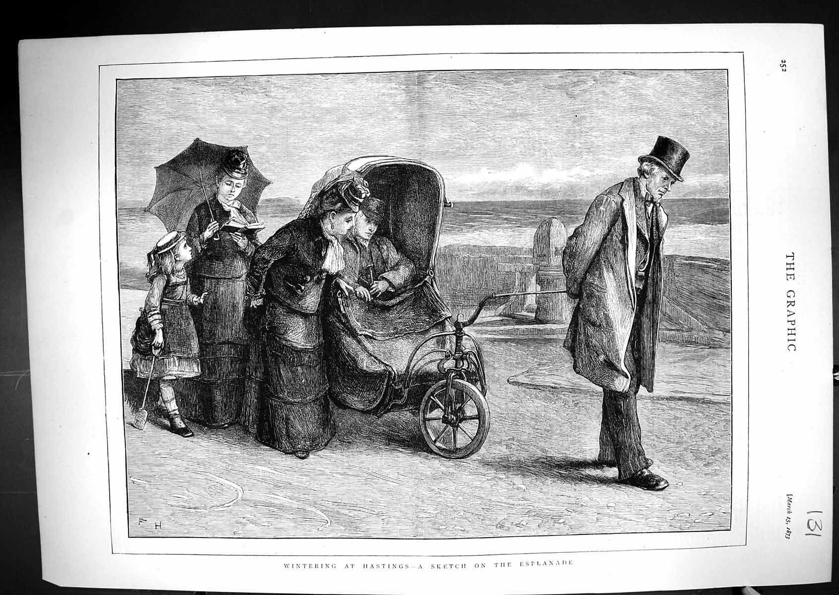 Original Old Antique Print 1873 Winter Scene Hastings Esplanade Family Day Out