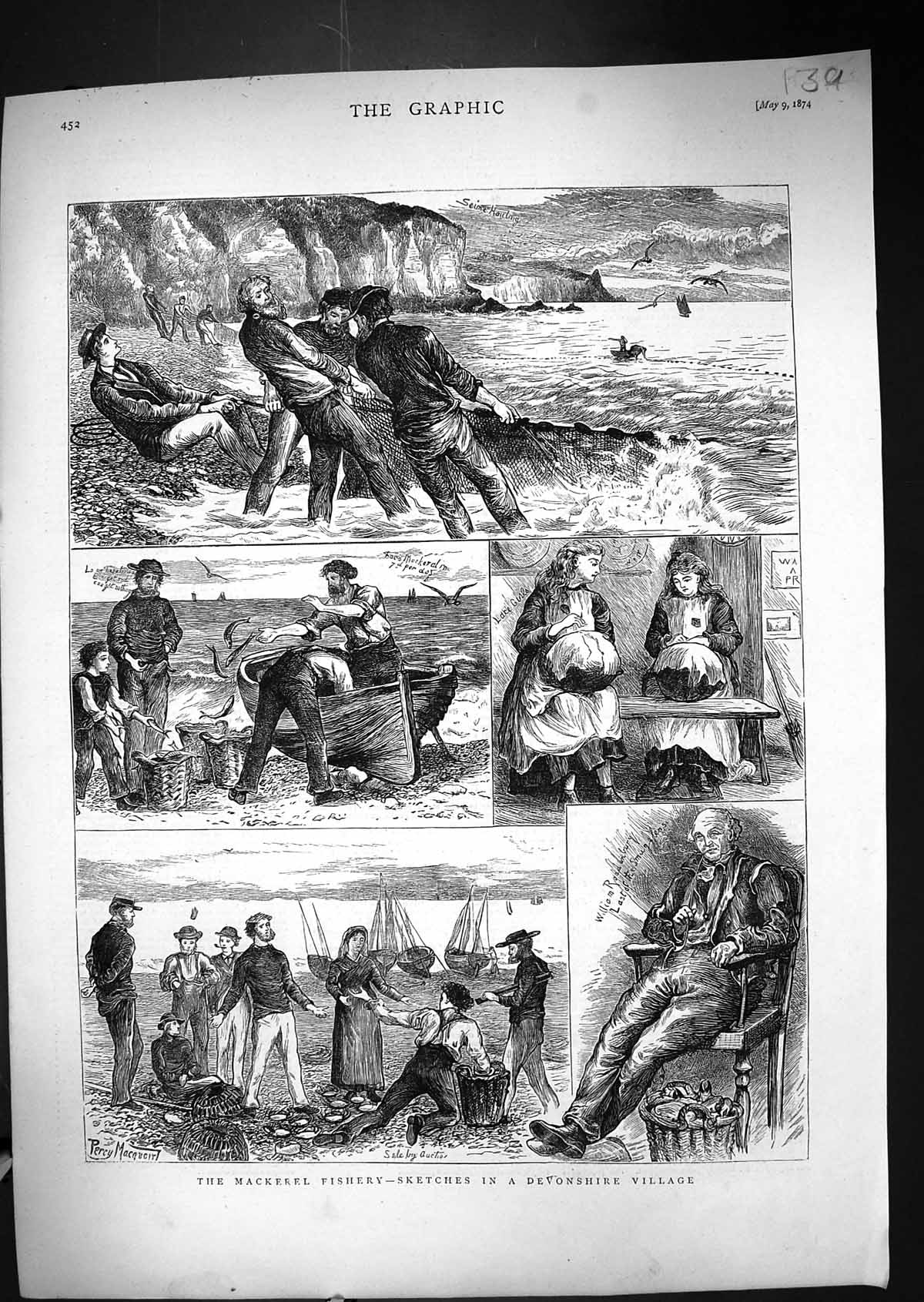 Old 1874 Mackerel Fishery Devonshire Village Fishing Nets Boats Macqu Victorian