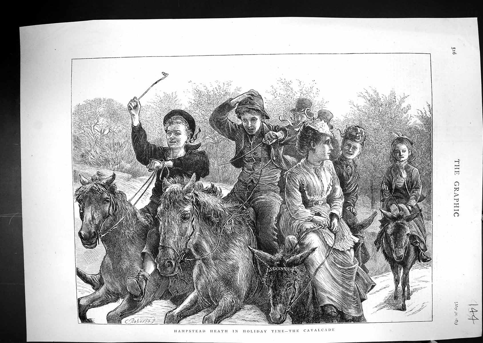Old Print 1873 Hampstead Heath Holiday Children Cavalcade Horses Roberts 19th