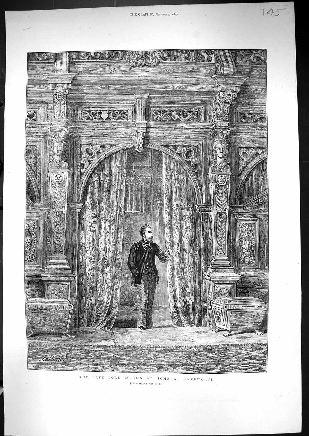 Original Old Antique Print 1873 Portrait Lord Lytton Home Knebworth Macquoid