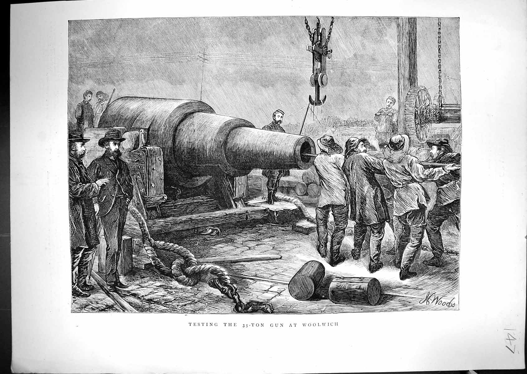 Original Old Antique Print 1871 Testing 35-Ton Gun Woolwich War Weapon Wood