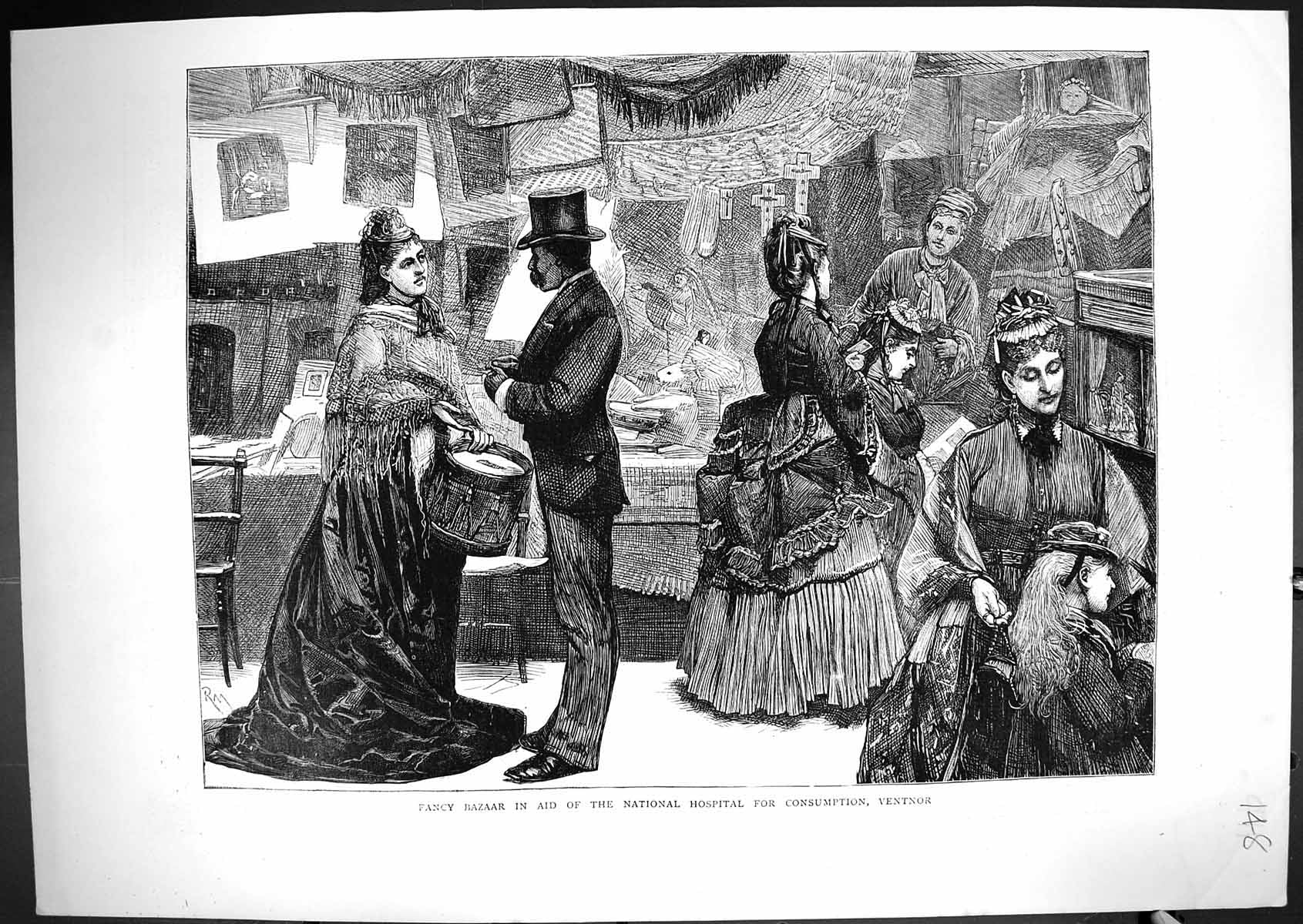 Antique Old Print 1871 Fancy Bazaar Aid National Hospital Consumption Ventnor