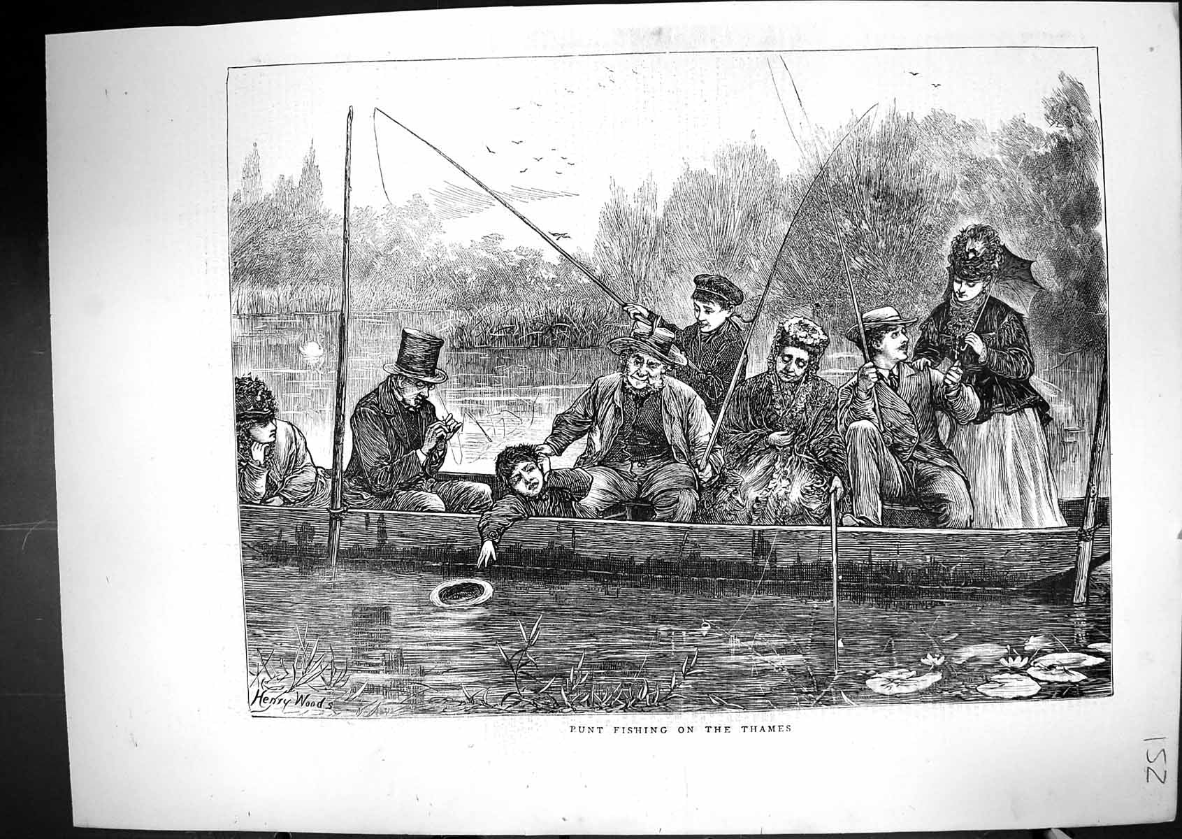 Old Antique Print 1871 Punt Fishing River Thames London Boat Henry Woods 19th