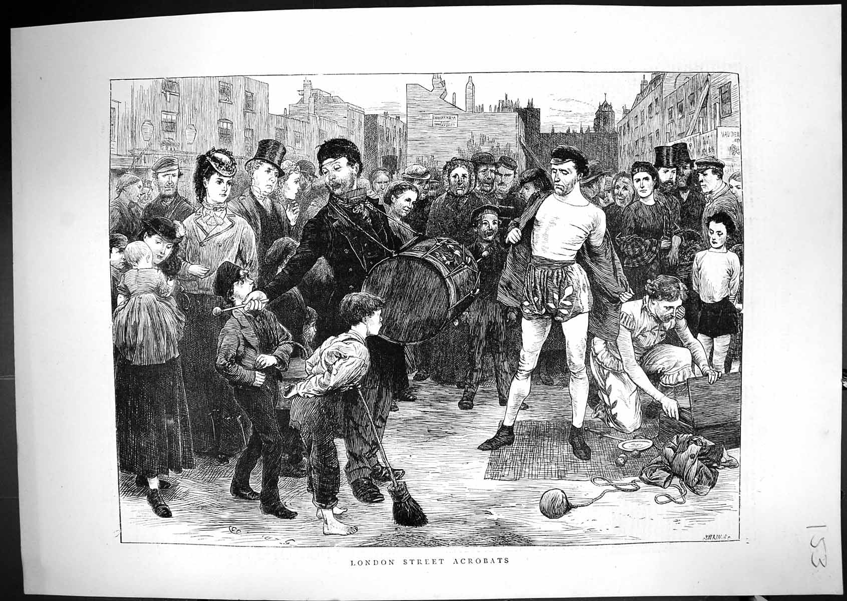 Original Old Antique Print 1861 Scene London Street Acrobats Entertainment 19th