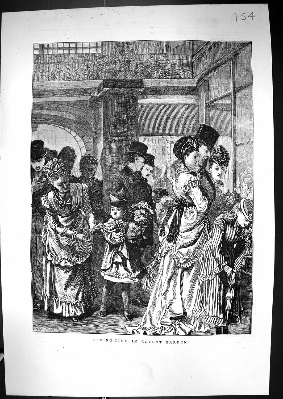 Original Old Antique Print 1871 Spring-Time Scene Covent Garden Flowers Family