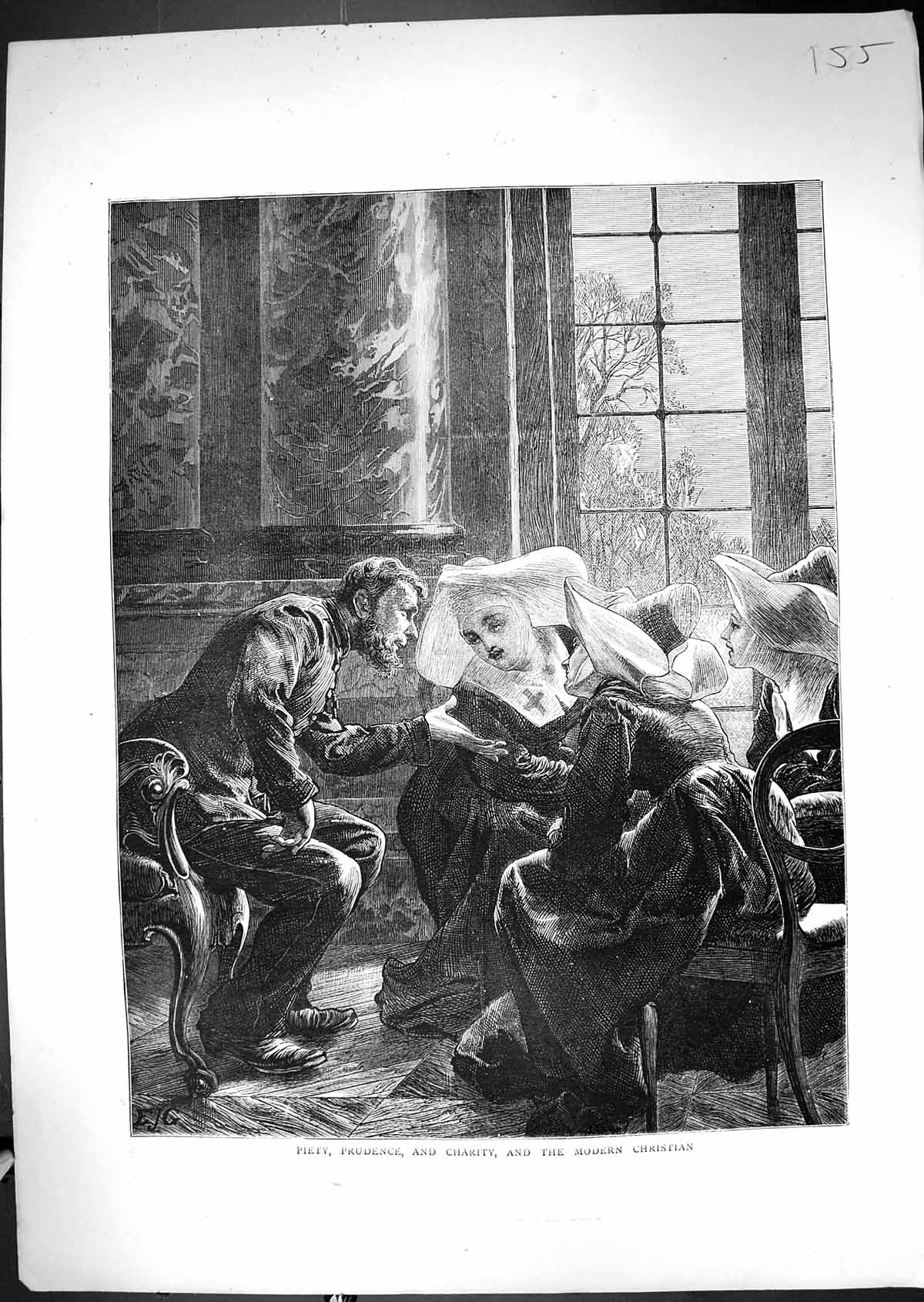 Antique Old Print 1871 Piety Prudence Charity Modern Christian Nuns Fine Art