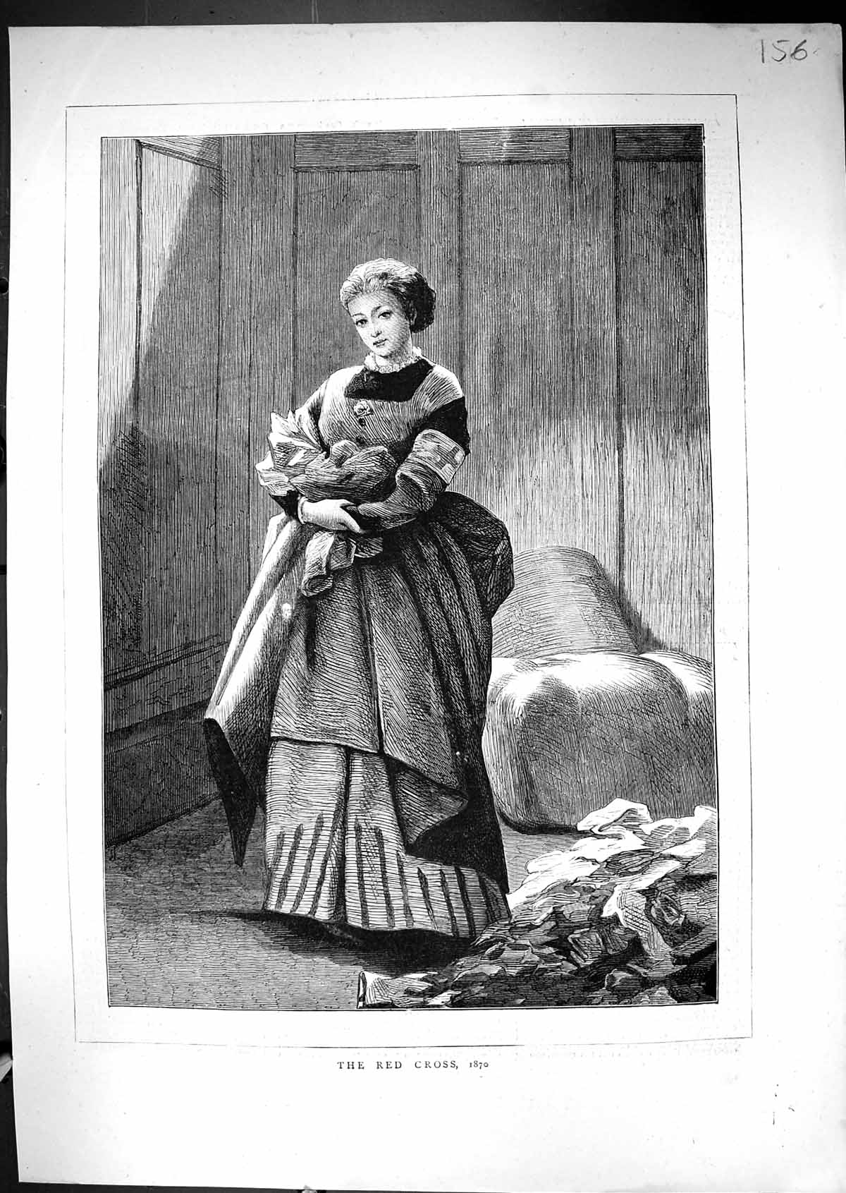 Original Old Antique Print 1871 Portrait Woman Red Cross Nurse Uniform 19th