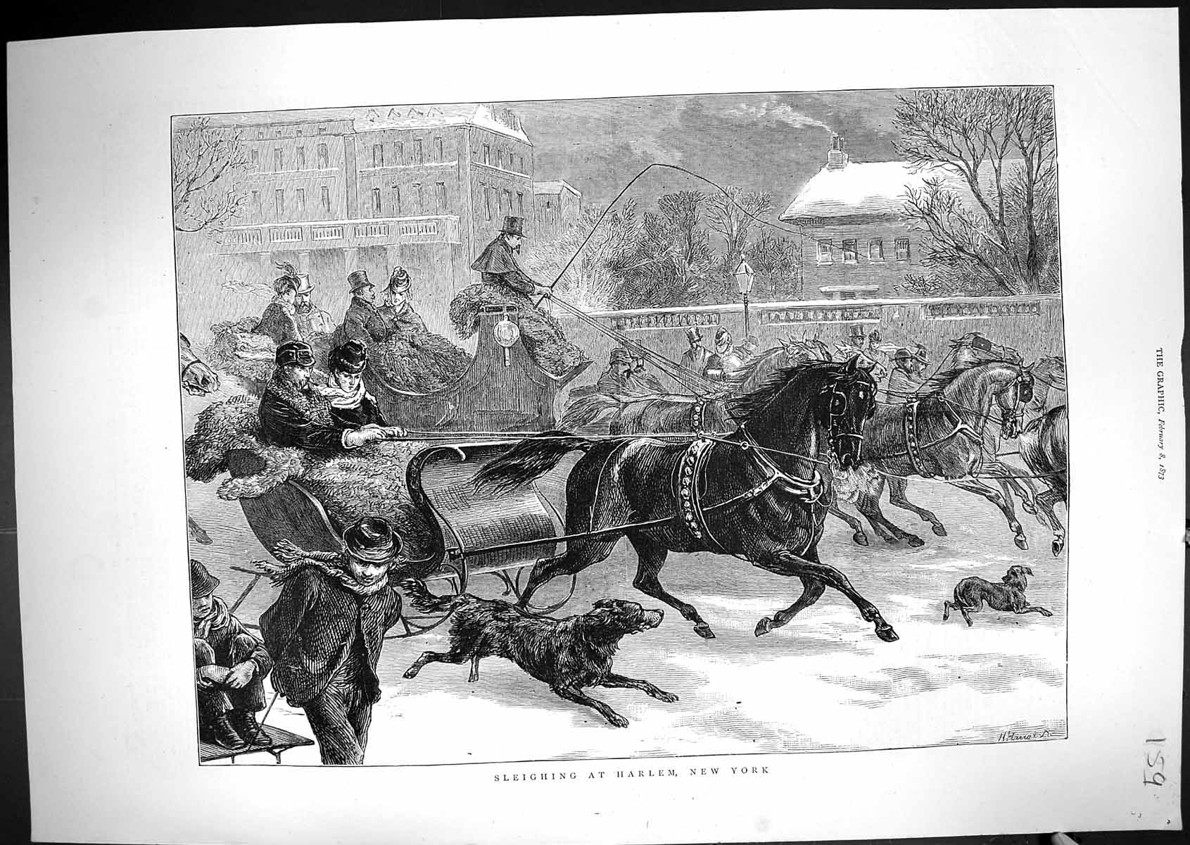 Old Antique Print 1873 Fine Art Horses Sleighing Harlem New York America 19th