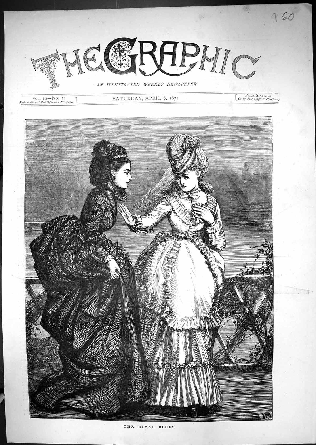 Original Old Antique Print 1871 Rival Blues Beautful Young Ladies Fine Art 19th