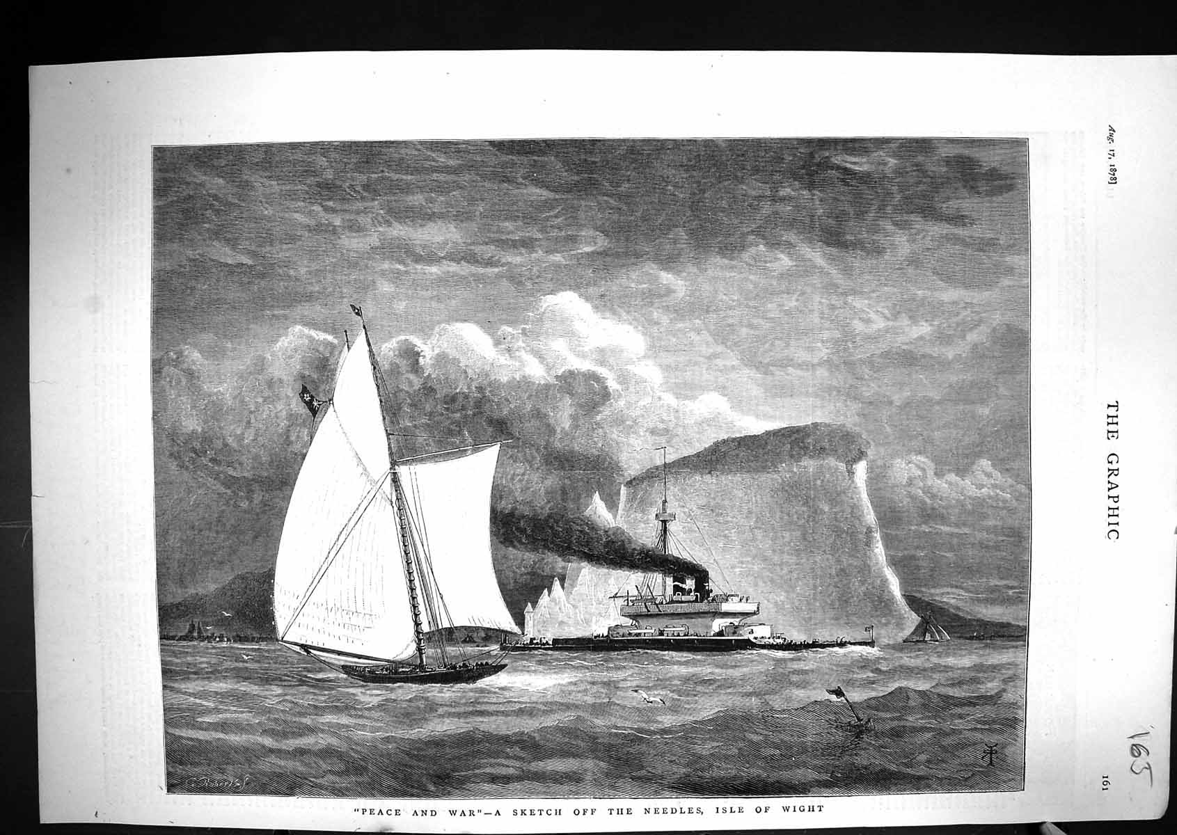 Antique Old Print 1878 Peace War Scene Needles Isle Wight Ship Yacht Fine Art