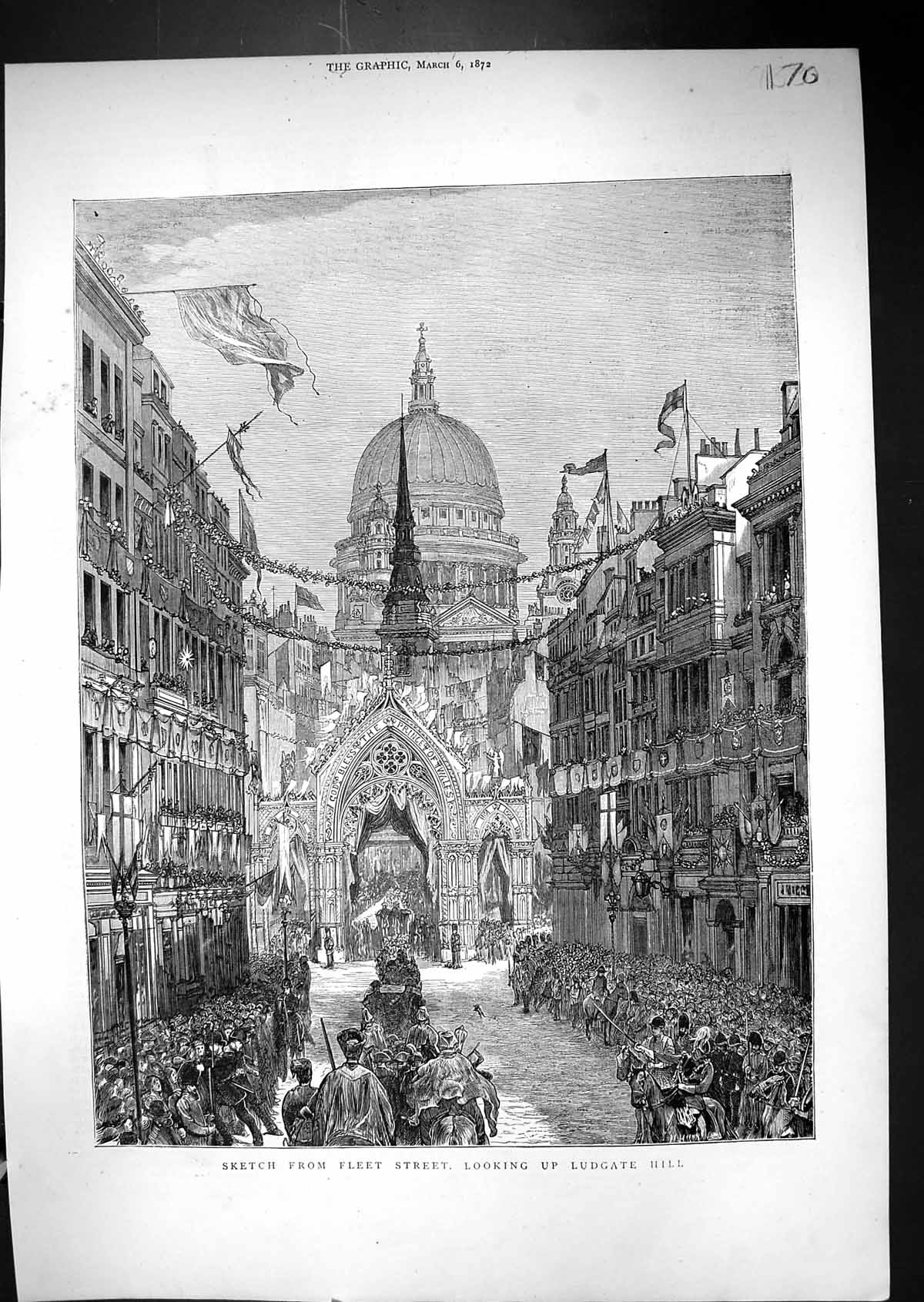 Old 1872 Scene Fleet Street London Ludgate Hill Procession Architectu Victorian