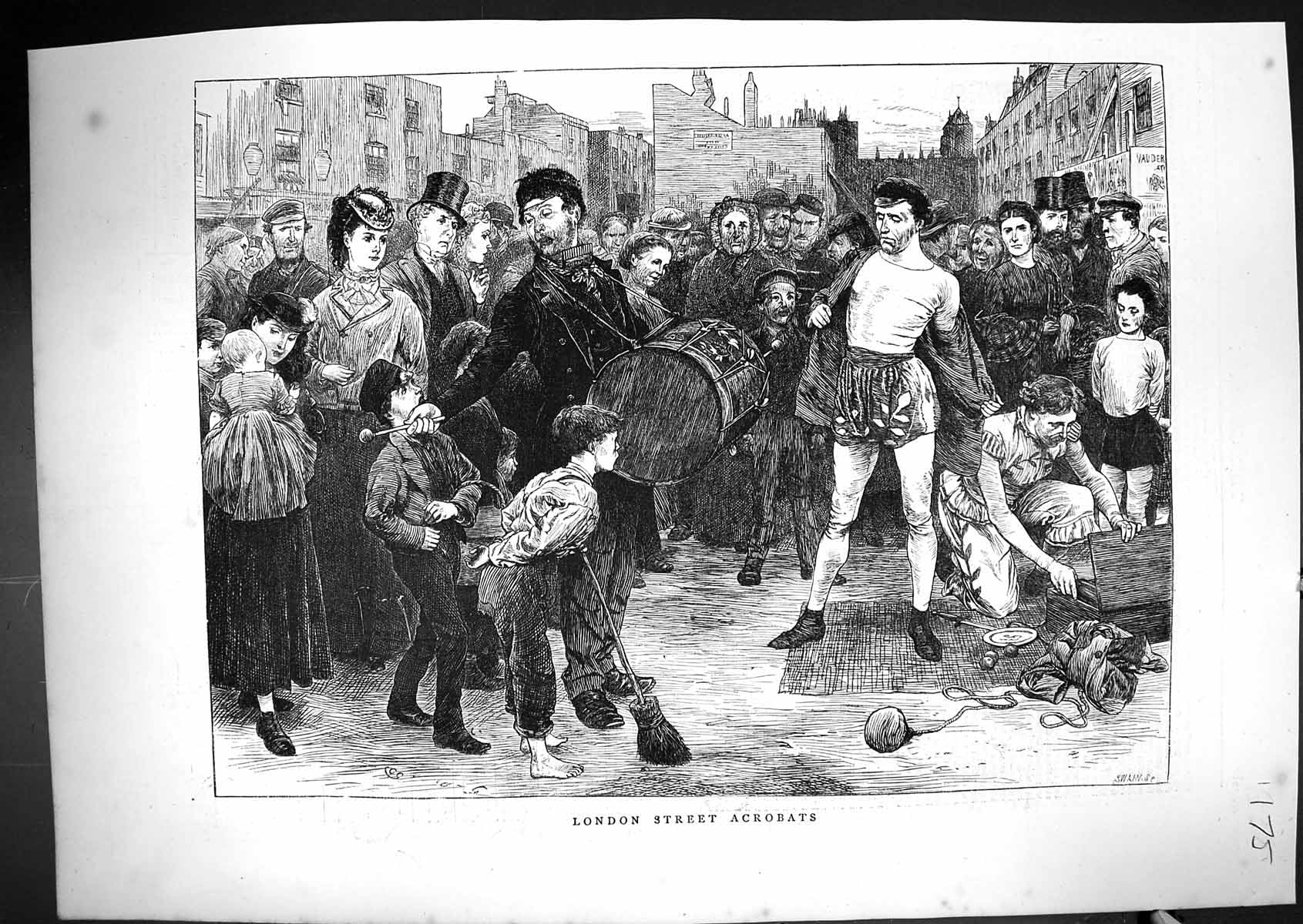 Original Old Antique Print 1861 London Street Acrobats Entertainment Music 19th