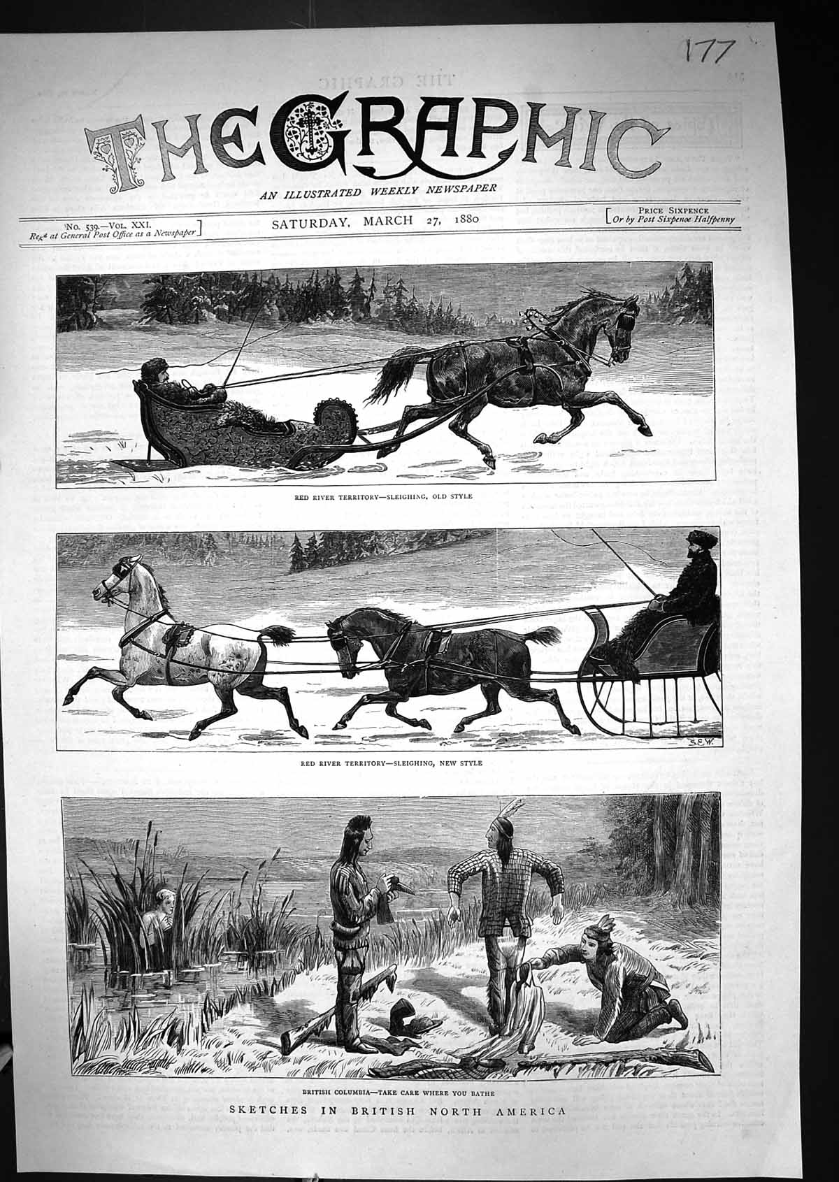 Old 1880 British North America Red River Territory Sleighing Indians Victorian