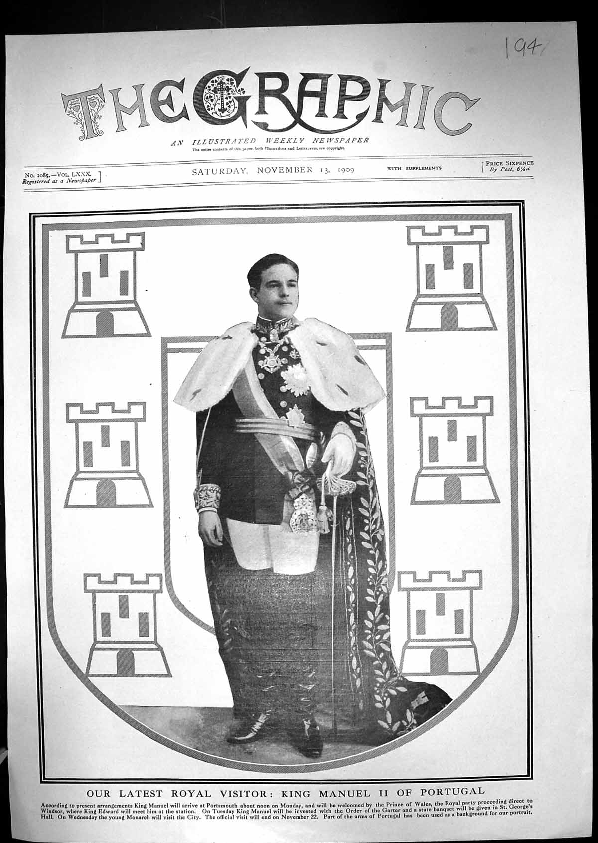 Original Old Antique Print 1909 Portrait King Manuel Portugal Royal Robes 20th