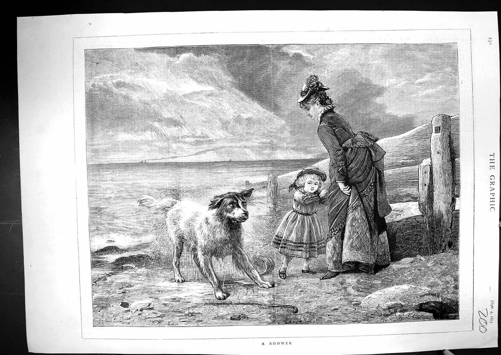 Original Old Antique Print 1875 Shower Scene Lady Little Girl Beach Wet Dog