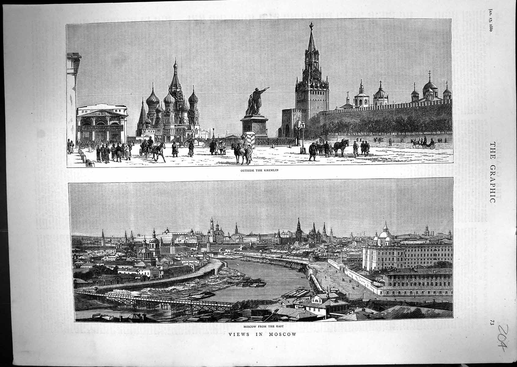 Original Old Antique Print 1880 Moscow Russia Kremlin River Bridge Architecture