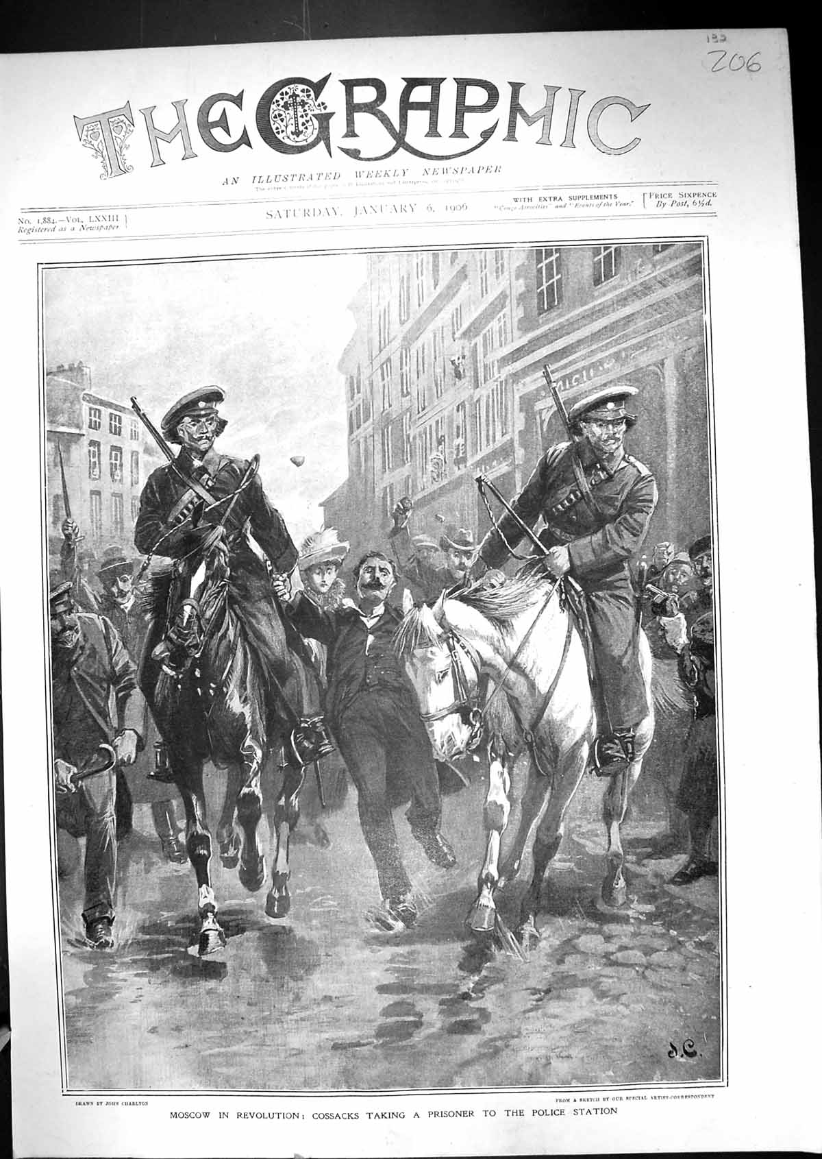 Old Print 1906 Revolution Moscow Russia Cossacks Prisoner Police Station 20th