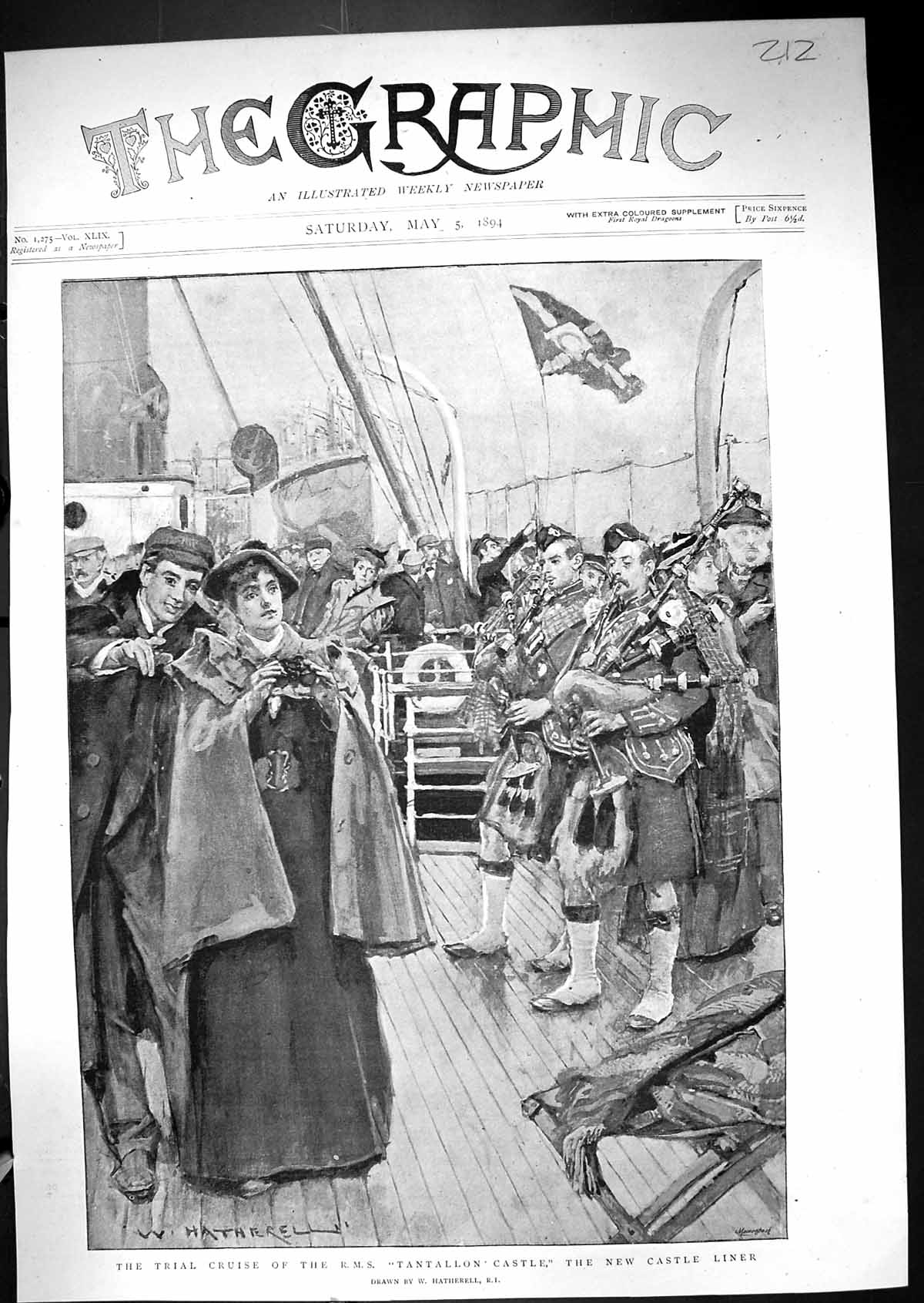 Old Print 1894 Trial Cruise R.M.S. Tantallon Castle Ship Liner Siers Bag 19th