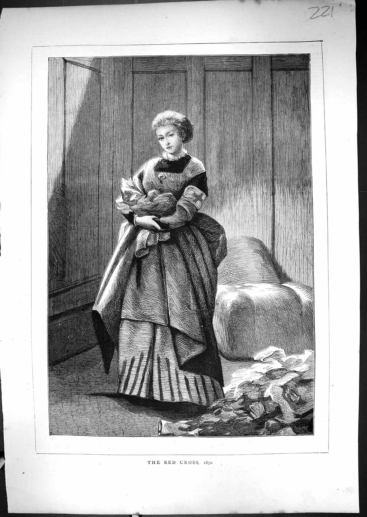 Original Old Antique Print 1871 Portrait Red Cross Nurse Lady Costume Victorian