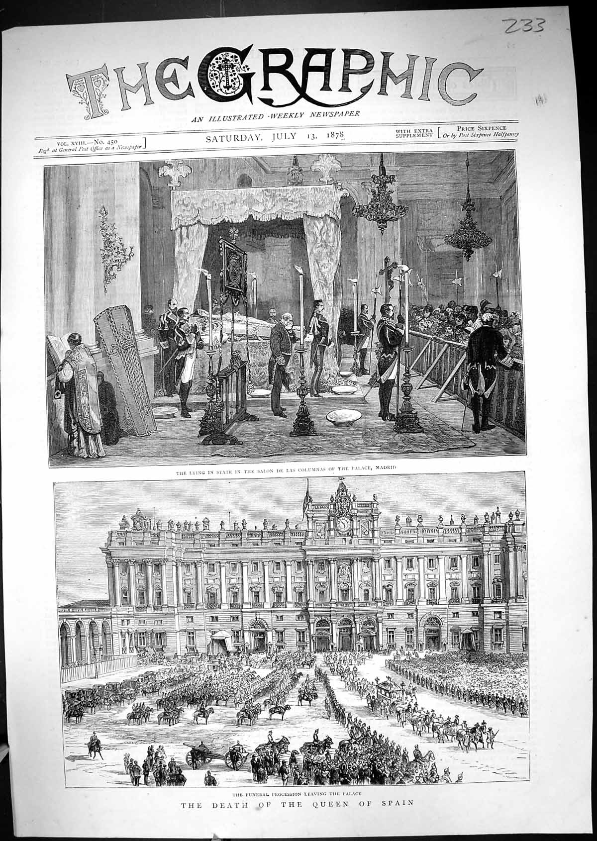 Old 1878 Death Queen Spain Salon De Las Columnas Palace Madrid Proces Victorian