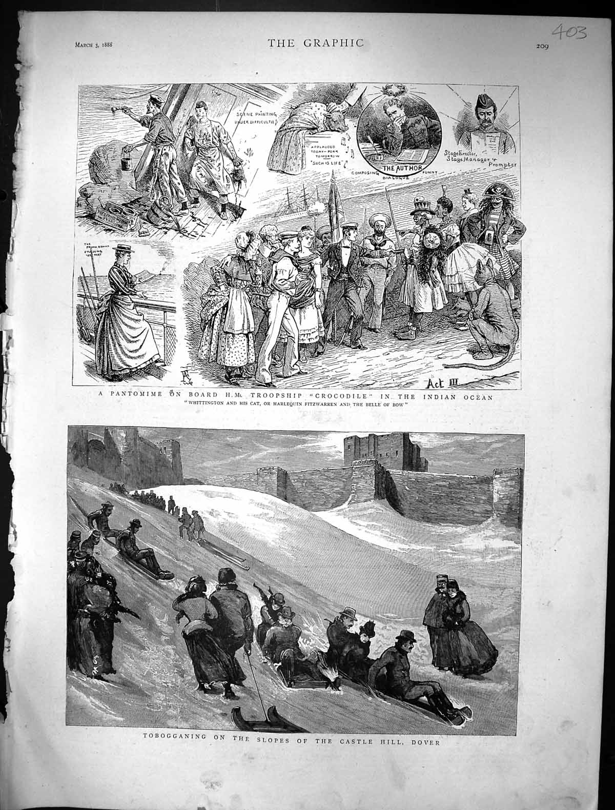Old 1888 Tobogganing Slopes Castle Hill Dover Pantomime Troop Ship Cr Victorian