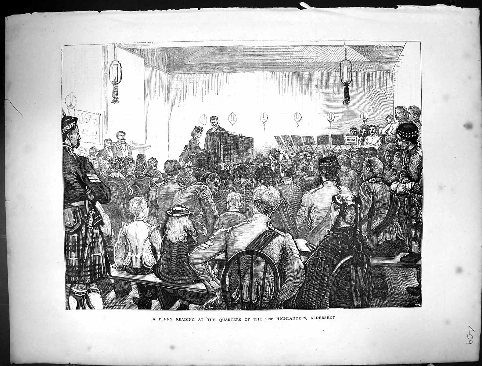 Old Print 1871 Penny Reading Quarters 91St Highlanders Aldershot Siers W 19th