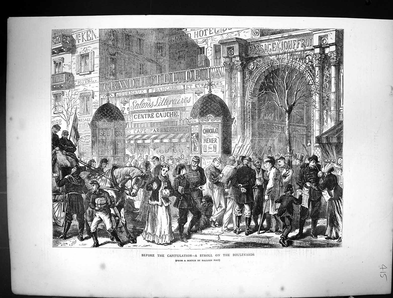 Old 1871 Scene Before Capitulation People Strolling Boulevards Paris Victorian