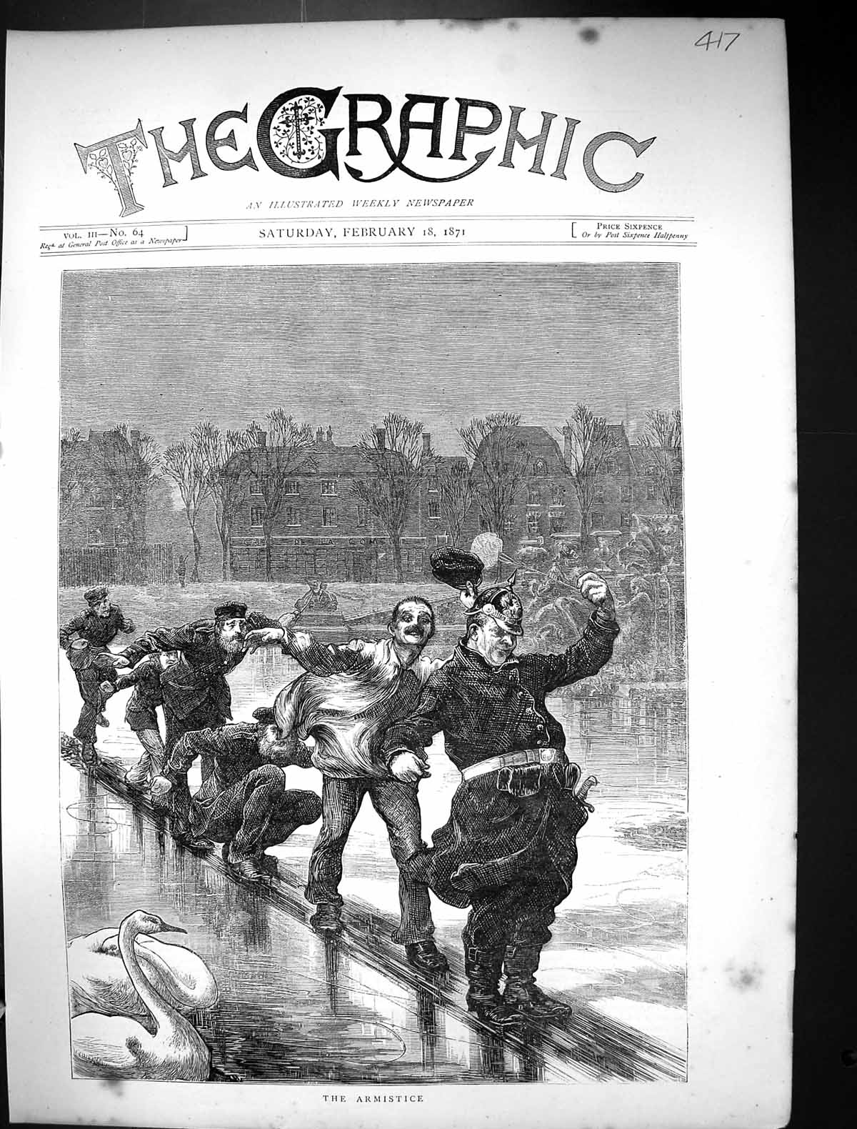 Old Print 1871 Armistice War Siers Ice Skating Frozen Lake Swans Fine Ar 19th