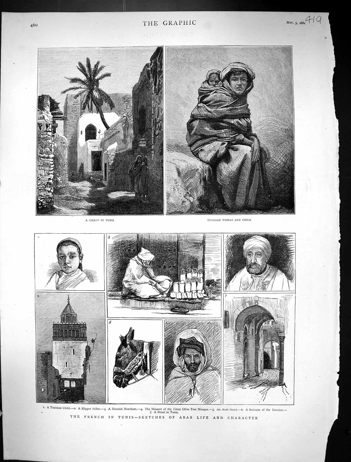 Old 1881 French Tunis Arab Life Tunisia Woman Child Olivve Tree Mosqu Victorian