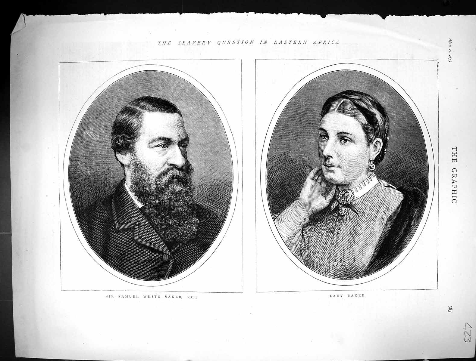 Antique Print 1877 Portrait Sir Samule White Baker Lady Wife Slavery Africa