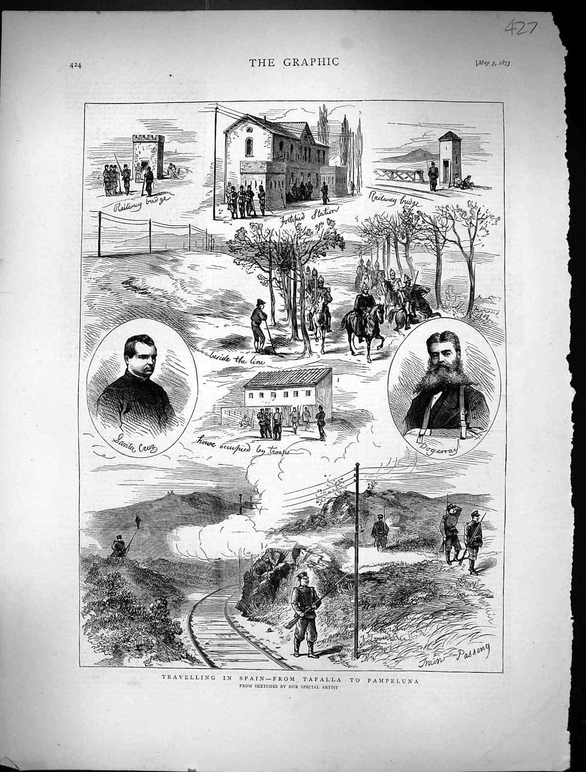 Old 1873 Travelling Spain Tafalla Pampeluna Santa Cruz Dogerray Railw Victorian