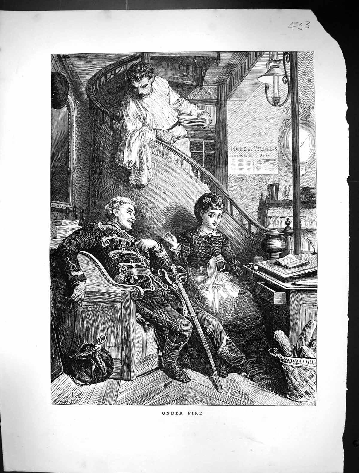 Original Old Antique Print 1871 Under Fire Seirs Man Lady Romance Victorian