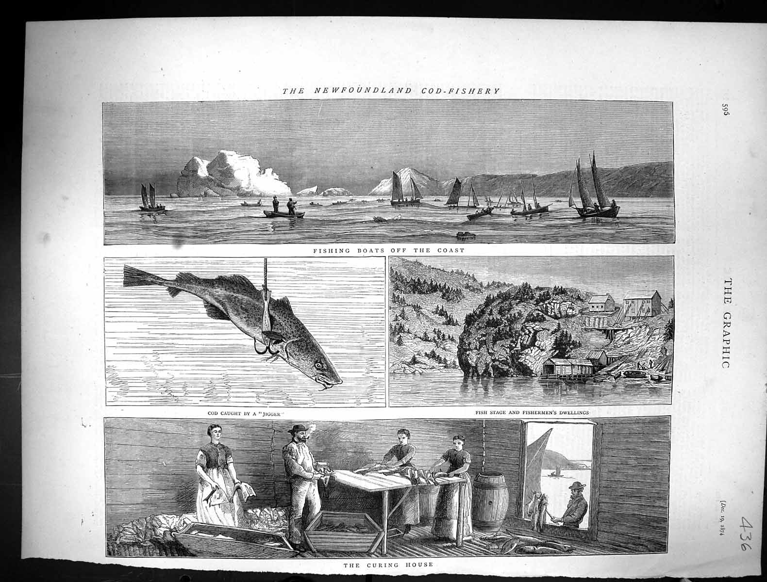 Old 1874 Newfoundland Cod Fishing Boats Fishermans Dwellings Curing H Victorian