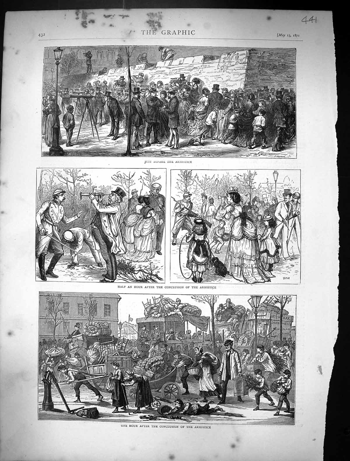 Old Print 1871 Armistice Conclusion Street Scene People Children Playing 19th