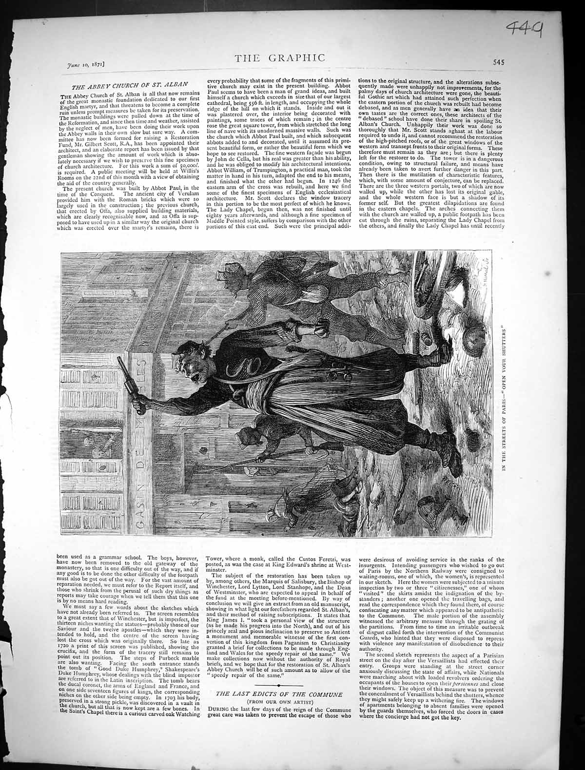Antique Old Print 1871 Street Scene Paris France Man Shouting Open Shutters