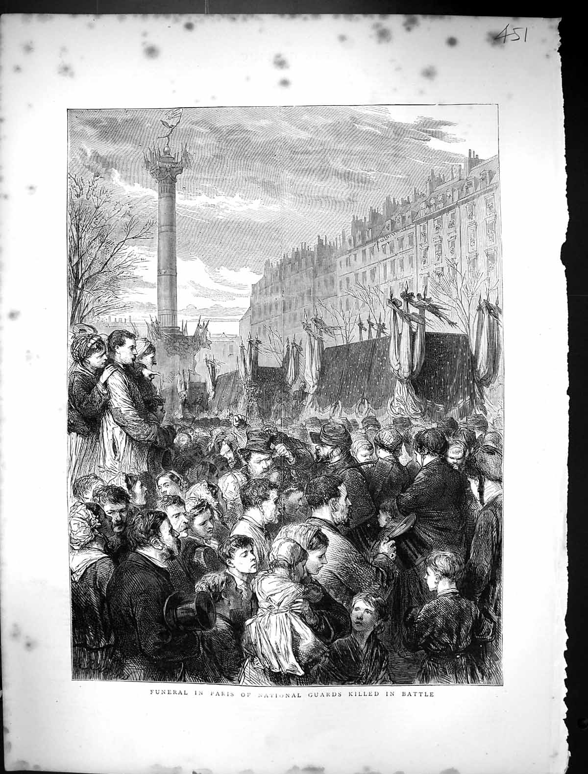 Antique Old Print 1871 Funeral Paris National Guards Killed Battle War France