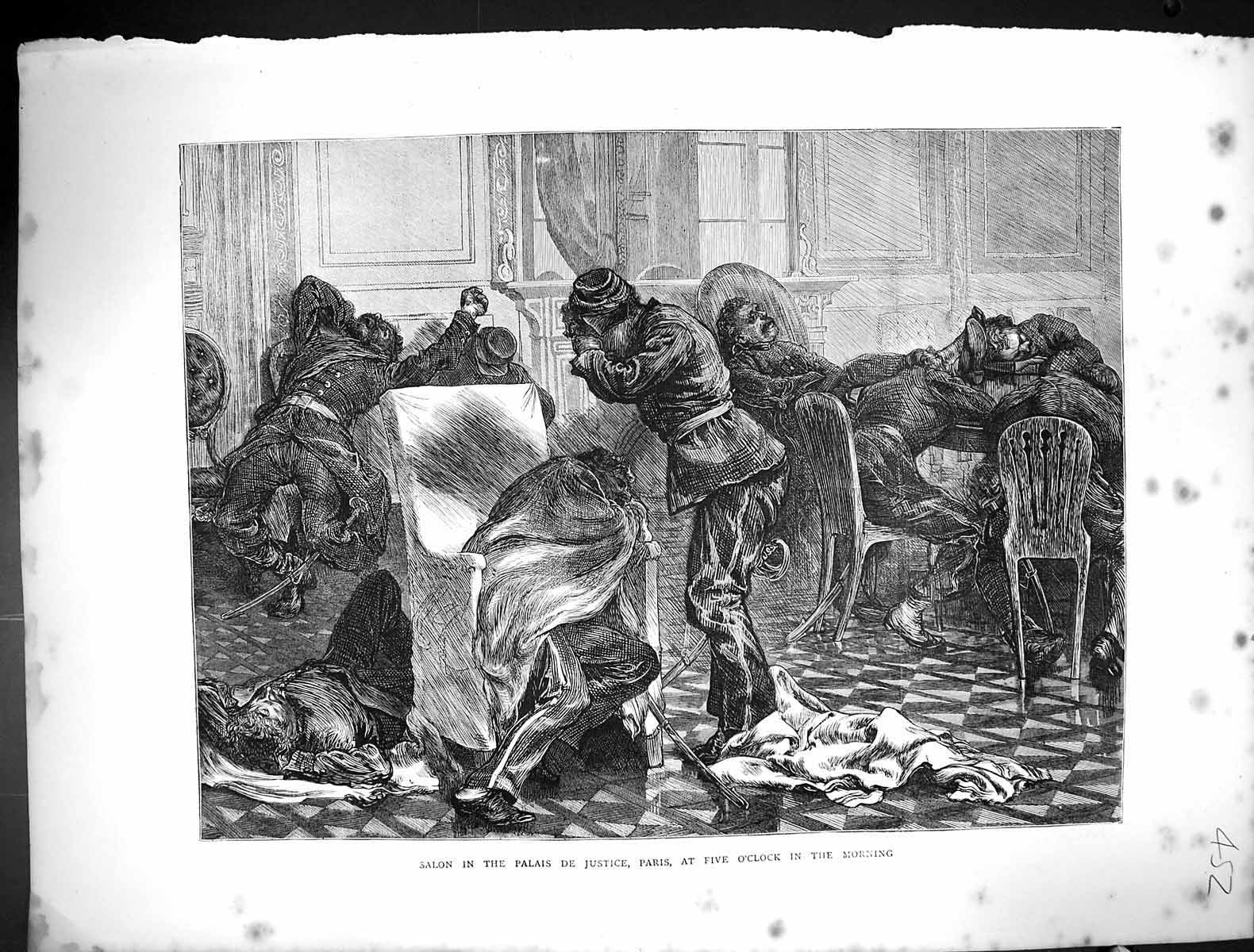 Old Print 1871 Salon Palais De Justice Paris France Men Sleeping Fine Art 19th