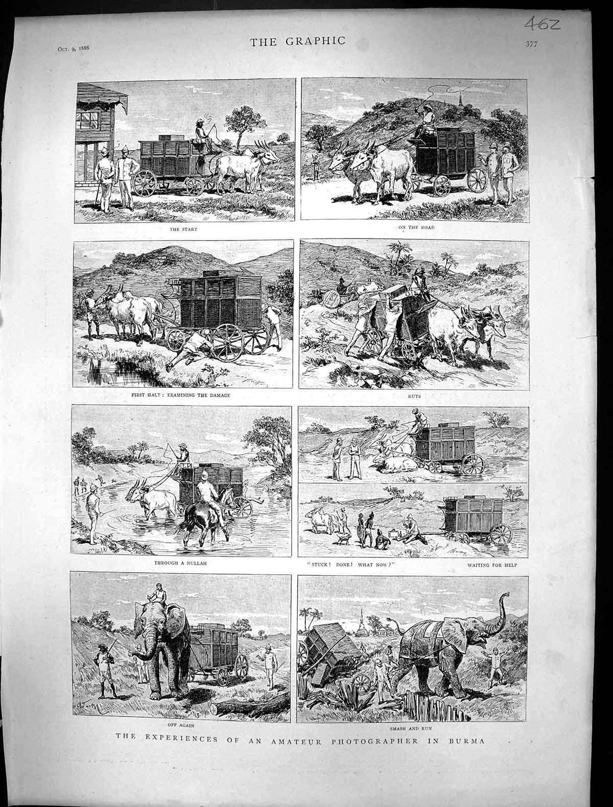 Antique Old Print 1886 Scene Burmah India Elephants Transport Bullock Nullah